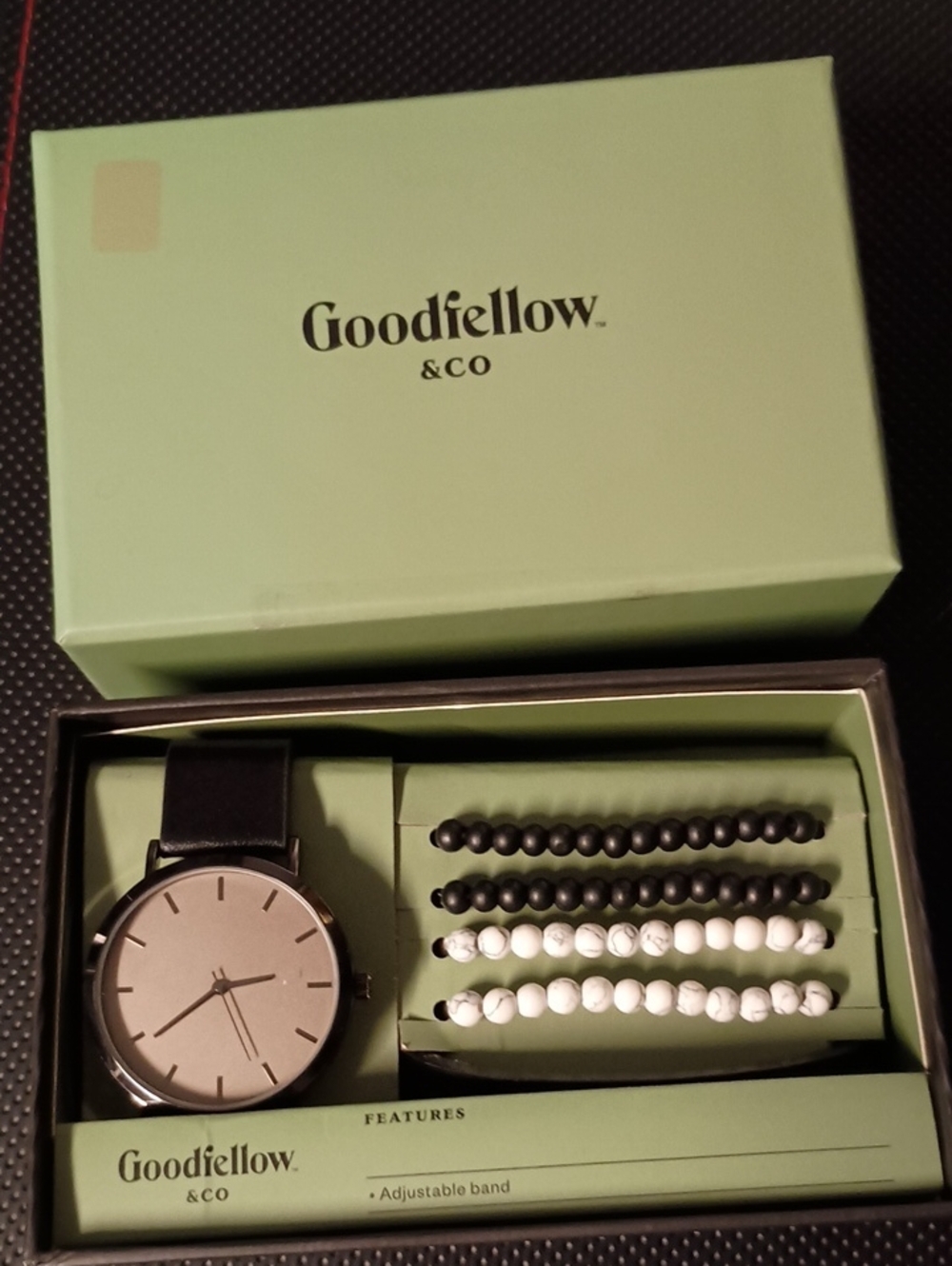 Goodfellow & Co Mens Black Watch with Black and White Bead Bracelets